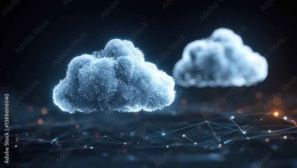 Aufkleber futuristic cloud computing network: glowing digital clouds connected by a mesh of light