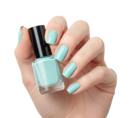 Beautiful turquoise nail polish applied on manicured hand holding a bottle of polish isolated on transparent bg, cutout png