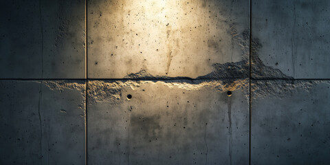 Close-up of cracked and weathered concrete wall texture with dramatic lighting