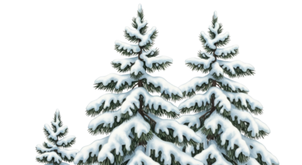 Snow-covered pine trees with lush green needles and heavy snowfall during winter season, isolated on transparent bg, cutout png