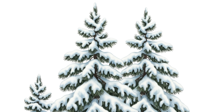Snow-covered pine trees with lush green needles and heavy snowfall during winter season, isolated on transparent bg, cutout png