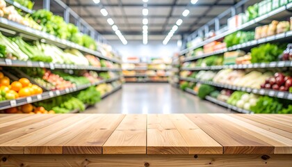 Blurred supermarket interior, light wood table top