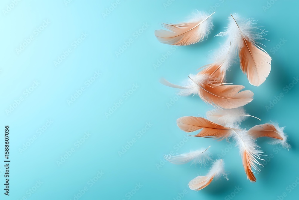 Aufkleber delicate coral and white feathers floating on turquoise background. gentle falling plumes create eth