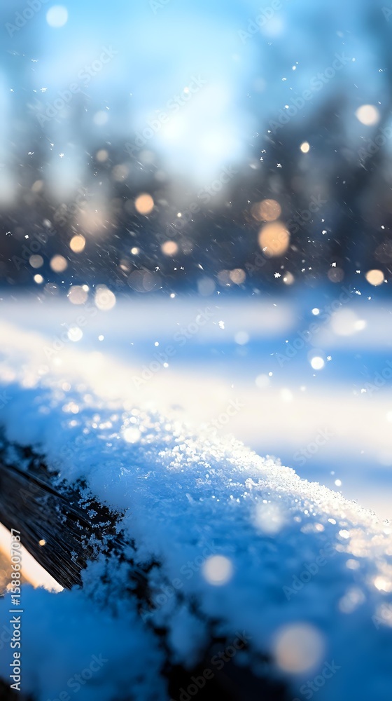 Poster magical winter scene with falling snow and soft bokeh lights creating dreamy atmosphere. fresh snowf