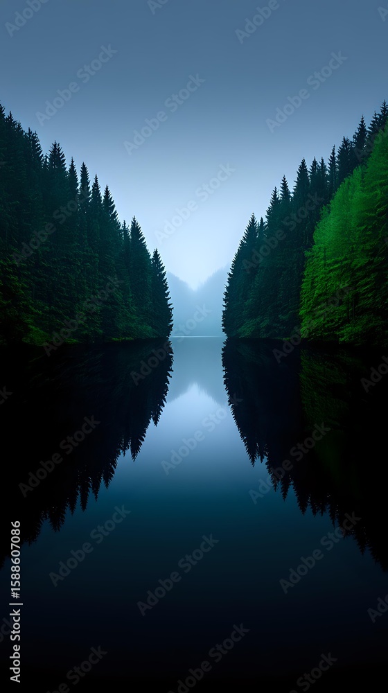 Poster serene lake surrounded by dense evergreen forest reflecting in still water at dusk, creating mirror-