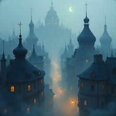 A city with tall buildings and a foggy atmosphere. The buildings are lit up with lights, creating a warm and inviting mood, Mystical Foggy Fantasy City at Night | Magical Street Lights