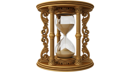 Ornate golden hourglass with sand flowing isolated on transparent background