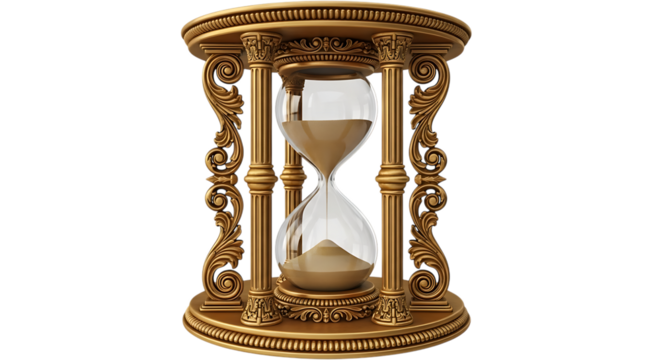 Ornate golden hourglass with sand flowing isolated on transparent background