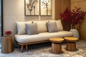 Modern three-seater beige fabric sofa with silver-gray cushion accents and wood legs, styled with round stone-top side tables in elegant living room