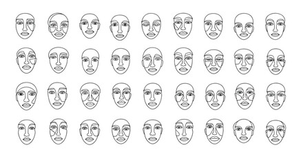 A grid of abstract pixelated human faces each rendered with simple line art featuring varied expressions and features