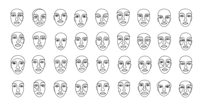 A grid of abstract pixelated human faces each rendered with simple line art featuring varied expressions and features