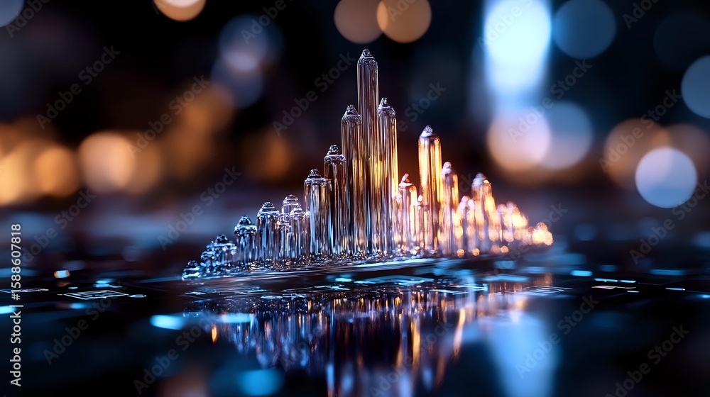 Aufkleber glowing crystal formations emerge from reflective surface with bokeh lights in background creating m