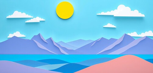 Paper cut style landscape, clear blue sky, minimalist design, flat illustration, sun, clouds, mountains, hills,  graphic,  bright