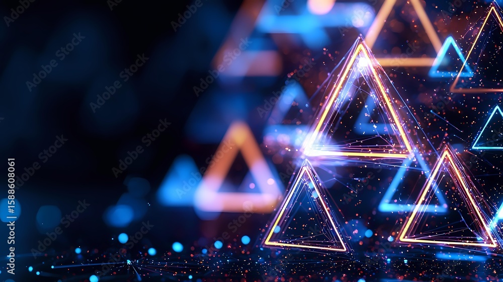 Aufkleber glowing neon triangles with light effects on dark background, abstract geometric shapes with blue an
