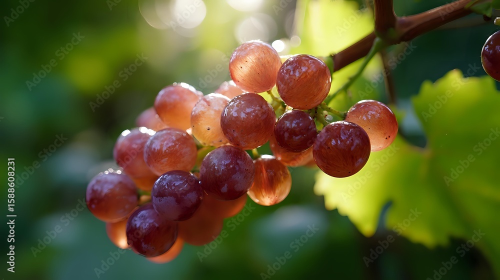 Poster fresh ripe red grapes on vine with water drops and natural bokeh background in sunlight, macro shot 