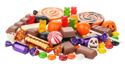 Colorful assortment of Halloween candies and treats on a white background cutout isolated on transparent bg, cutout png