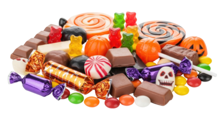 Colorful assortment of Halloween candies and treats on a white background cutout isolated on transparent bg, cutout png