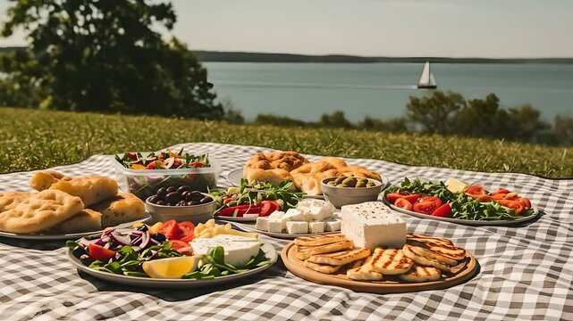 Mediterranean picnic near the lake, outdoor feast. Greek salad, grilled halloumi, bread, olives. Healthy eating for vacation, restaurant, travel, cooking shows and summer events.