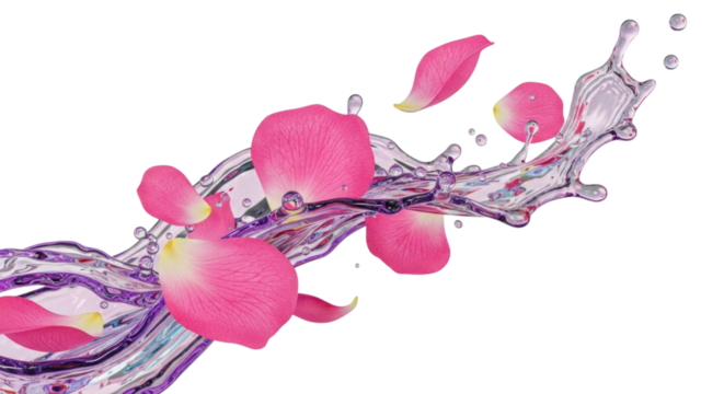 Flowing water mixed with pink rose petals creates a harmonious blend in an artistic design, isolated on transparent bg, cutout png