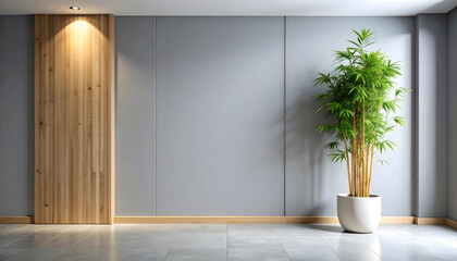 Modern Minimalist Interior: Gray Wall, Bamboo Plant, Wood Accent