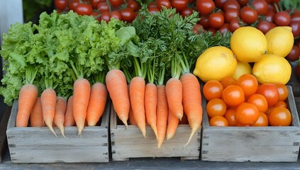 Fresh organic produce in rustic wooden crates including bright orange carrots with tops, lettuce, parsley, ripe tomatoes and yellow lemons arranged at farmers market.
