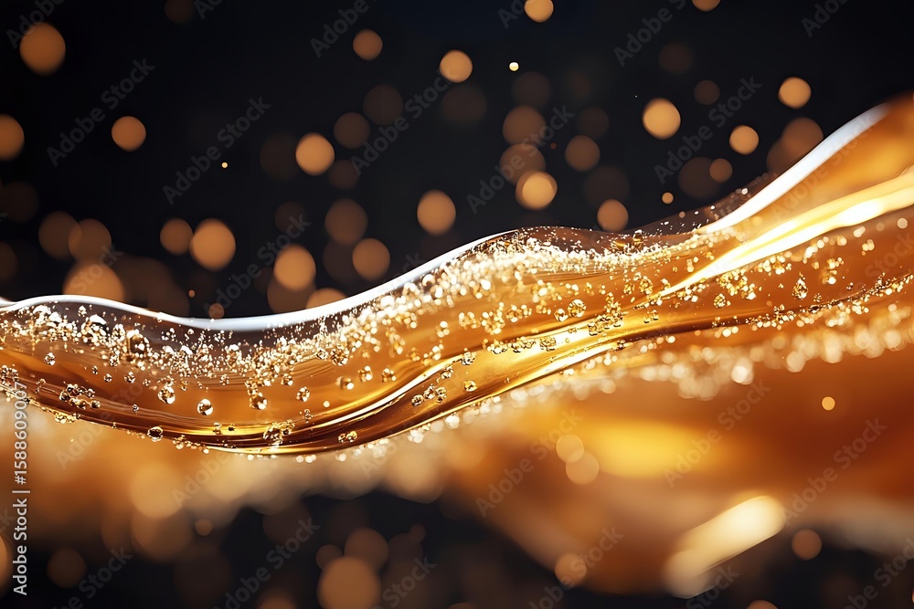 Poster luxurious golden wave with sparkling bokeh effect and flowing metallic curves against dark backgroun