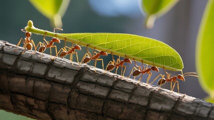 A team of ants demonstrates incredible teamwork while carrying a large leaf together