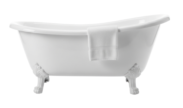 Classic white clawfoot bathtub with towel draped over edge, isolated on transparent bg, cutout png