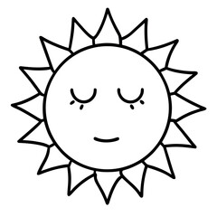 Gentle sun character with sleepy eyes closed Line Art Vector illustration