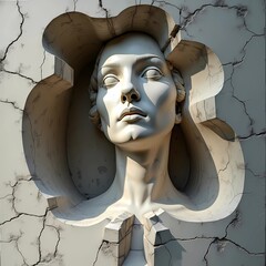A woman's head is displayed in a white sculpture with a cracked face, 3D Stone Face Sculpture Breaking Through Wall | Surreal AI Art
