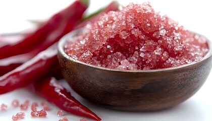 Pink Himalayan salt crystals in wooden bowl with fresh red chili peppers on white background, macro food photography for culinary and seasoning concepts.