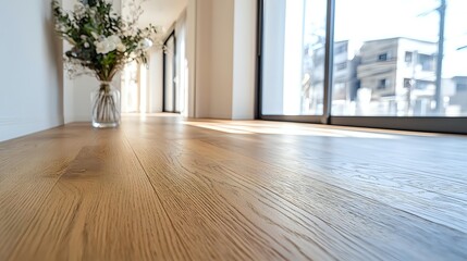 Fototapeta premium Sunlit wooden floor with natural oak grain texture in modern minimalist room interior, featuring glass vase with greenery and large window view.