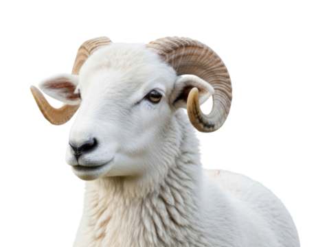 White ram with curled horns posing calmly in natural surroundings isolated on transparent bg, cutout png