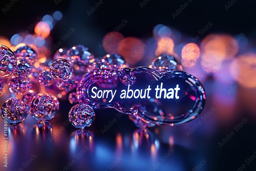 Aufkleber sorry about that message in glowing purple neon text with bokeh lights and water drops creating magi