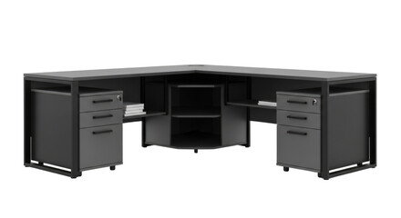 Modern corner desk with sleek design and storage for home or office use isolated on transparent bg, cutout png
