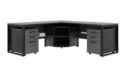 Modern corner desk with sleek design and storage for home or office use isolated on transparent bg, cutout png