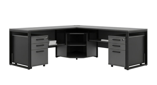 Modern corner desk with sleek design and storage for home or office use isolated on transparent bg, cutout png