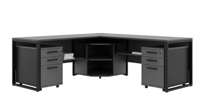 Modern corner desk with sleek design and storage for home or office use isolated on transparent bg, cutout png