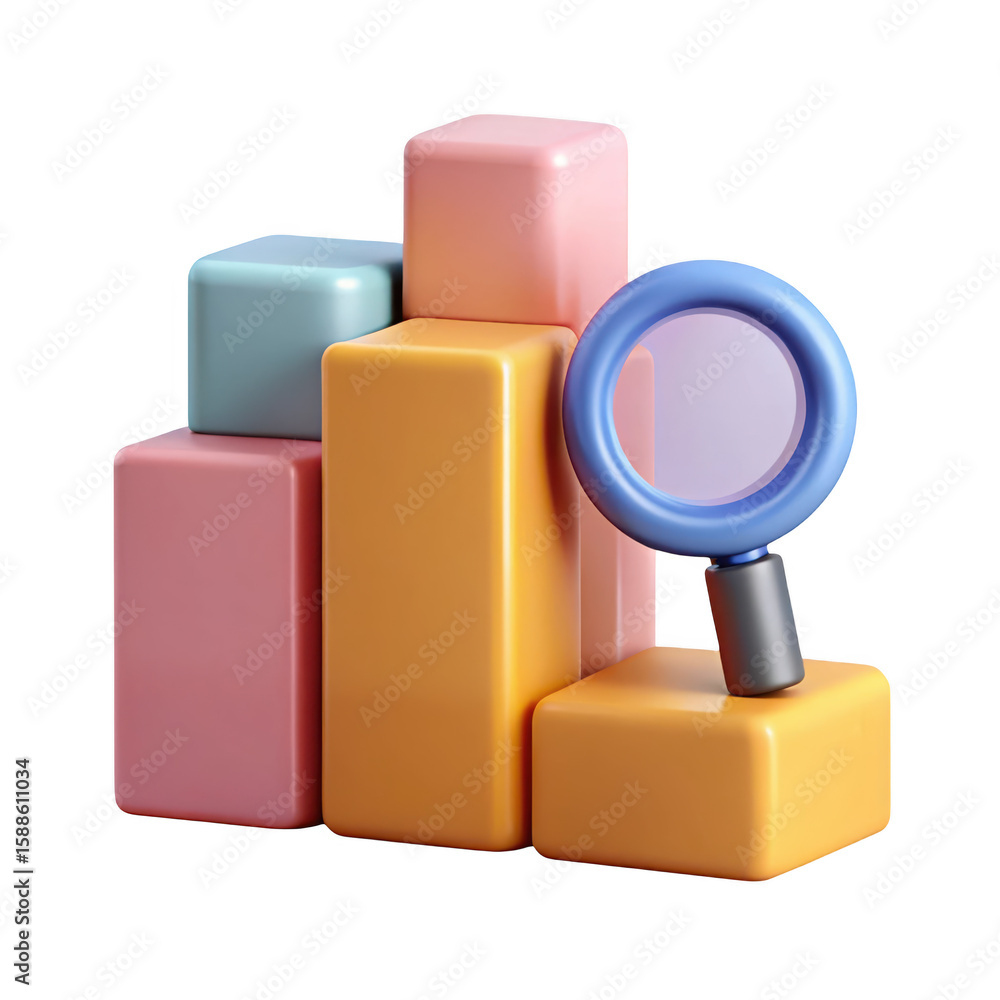 Poster stylized 3d bar chart with a magnifying glass for data analysis and research isolated on transparent