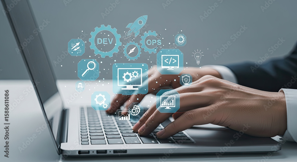 Poster devops concept: hands on laptop with digital icons for software development, it operations, automati