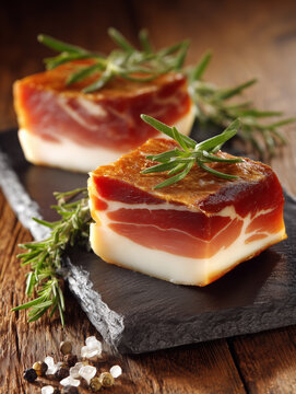 Thick slices of cured ham with fat cap and rosemary on slate