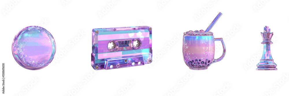 Poster holographic objects set. futuristic aesthetic and retro vibes collection isolated on transparent bac