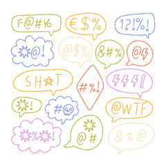 Color crayon speech bubbles with swear comic symbols