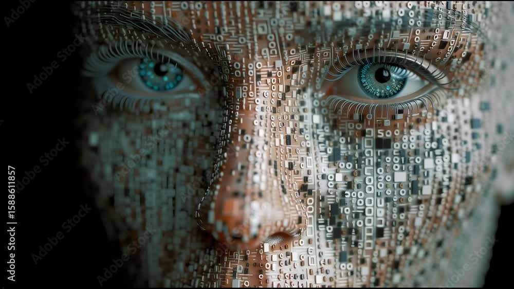 Poster abstract face made of binary code and circuits futuristic ai thinking system with cyber design