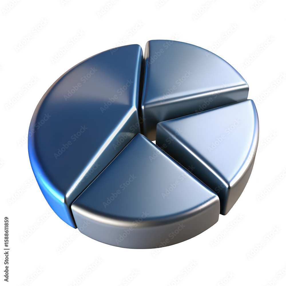 Poster shiny metallic pie chart divided into five segments showing data analysis and growth isolated on tra