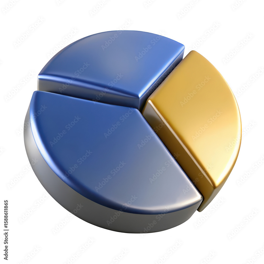 Poster three dimensional segmented circular chart with blue and gold portions isolated on transparent backg