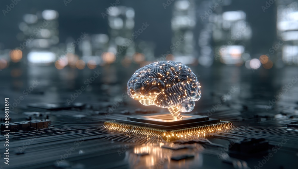 Poster futuristic glowing brain circuit connects to a central processing unit, symbolizing artificial intel