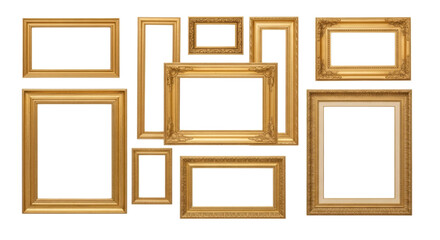 Collection of ornate golden picture frames arranged on a transparent background, cutout png
