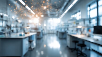 Modern laboratory showcasing advanced technology and network connections overlaying the scene, symbolizing innovation and scientific progress in a futuristic context.