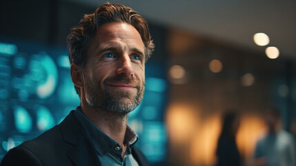 Close up portrait of caucasian man in office. Entrepreneur with happy facial expression. Businessman looking at camera in a meeting room hallway concept.